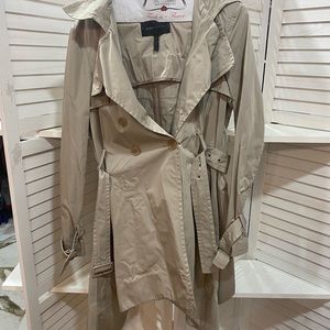 BCBG Max Azria trench coat with back ruffling details and belt